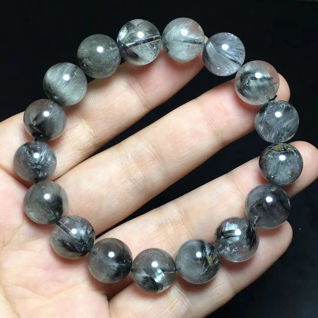 

12mm Natural Brookite Platinum Black Silver Rutilated Quartz Bracelet Crystal Brookite Gemstone Round Beads Woman Man AAAAAAA