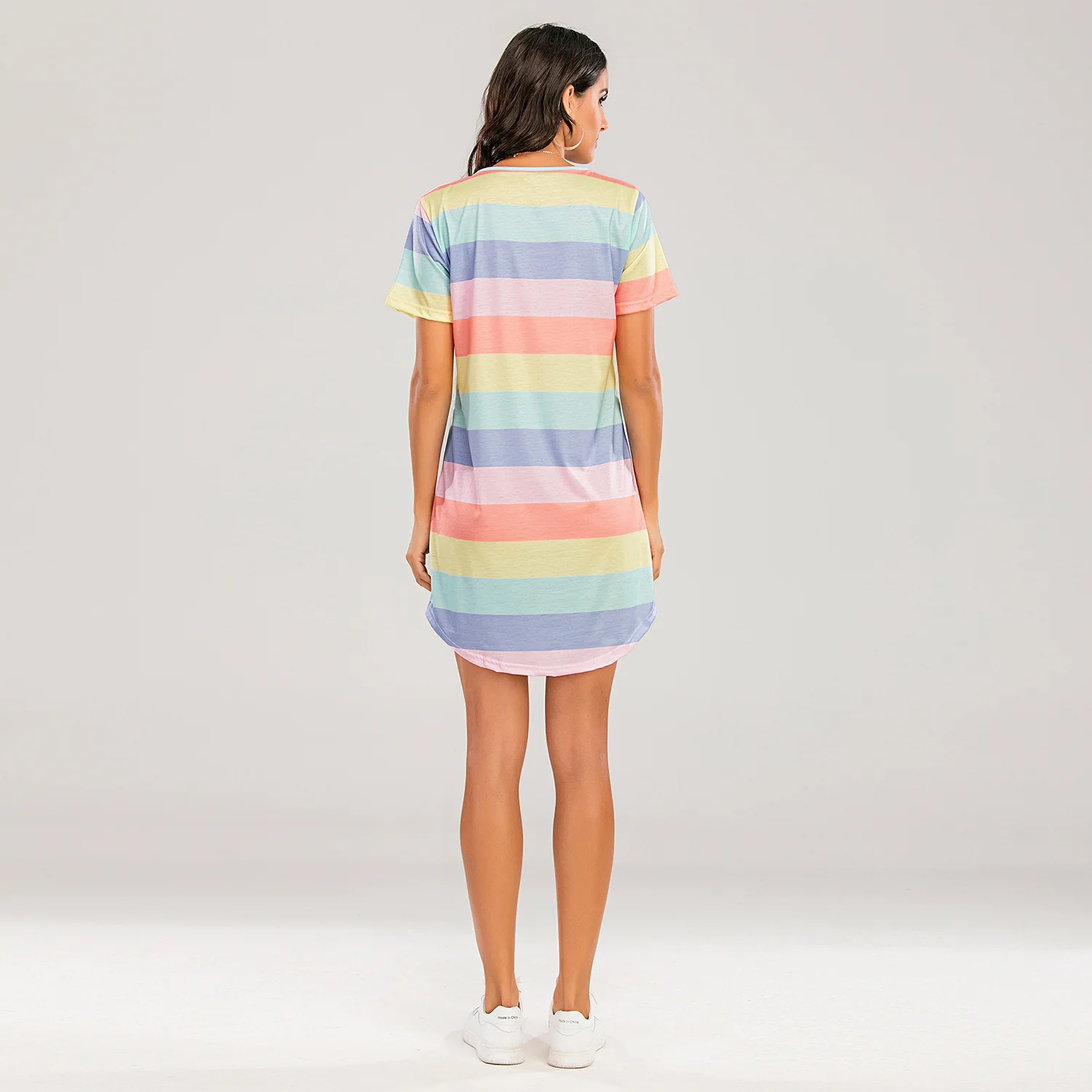 Fashion Rainbow Striped Sleep Dress Women Irregular Mini T Shirt Dress Casual Night Dress Sleepwear Ladies Nightgowns Homewear