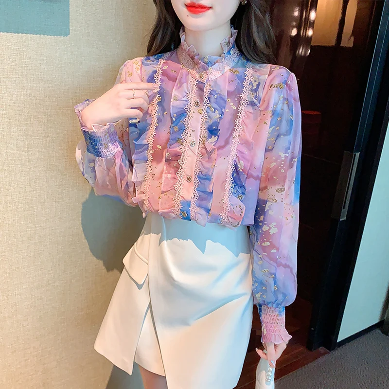 

Блузка Женская атласная с кружевным принтом, Повседневная Свободная Модная рубашка с длинным рукавом и круглым вырезом, с оборками, лето 2023