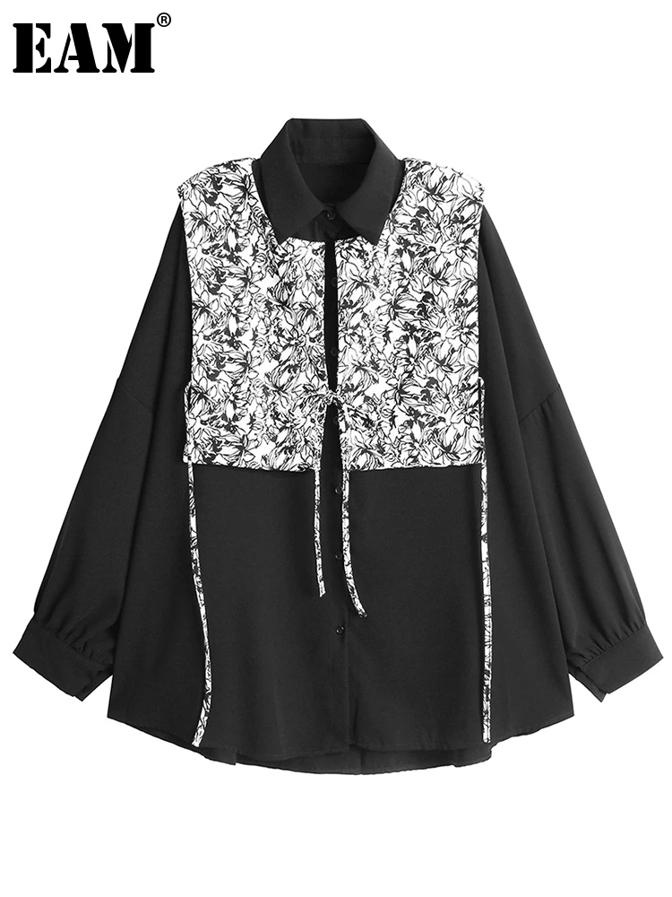 

[EAM] Women Black Printed Big Size Bandage Blouse New Lapel Long Sleeve Loose Fit Shirt Fashion Tide Spring Autumn 2022 1DE6610