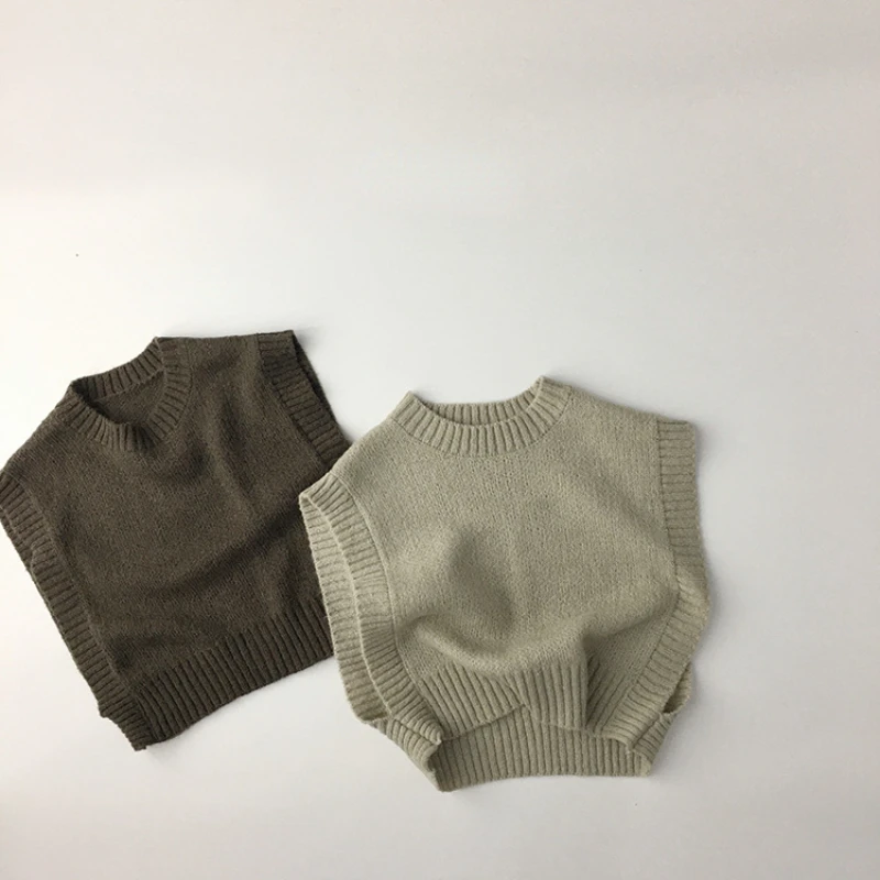 

Kids Vests Boys Girls Knitted Beige Brown Sleeveless Sweater Baby Casual Spring Fall Clothes for 1-6 Years