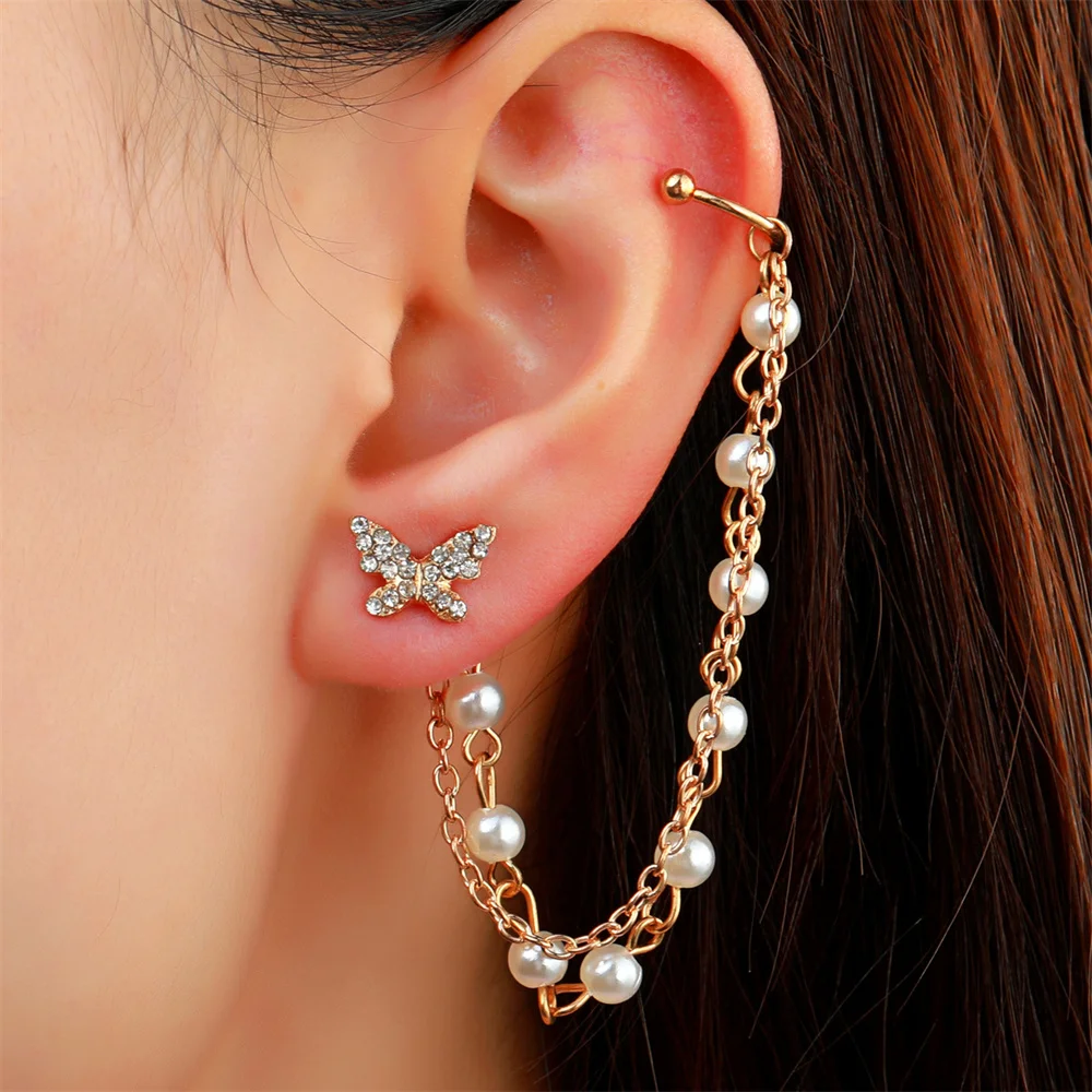

Pearl Butterfly Tassel Earrings for Women Fashion Delicate Butterfly Rhinestone Ear Studs Jewelry Girlfriends Party Gifts 2023