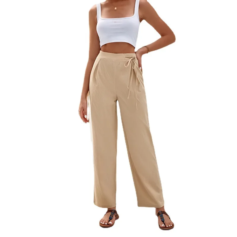 Spring and Summer Loose Straight Trousers High Waist Solid Color Tie Rope Wide Leg Pants Women
