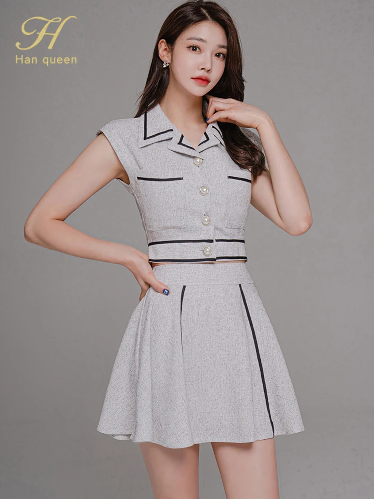 

H Han Queen Women Summer Work 2 Pieces Set Single-Breasted Short Tops + Vintage A-Line Skirt Korean Patchwork Simple Skirt Suit