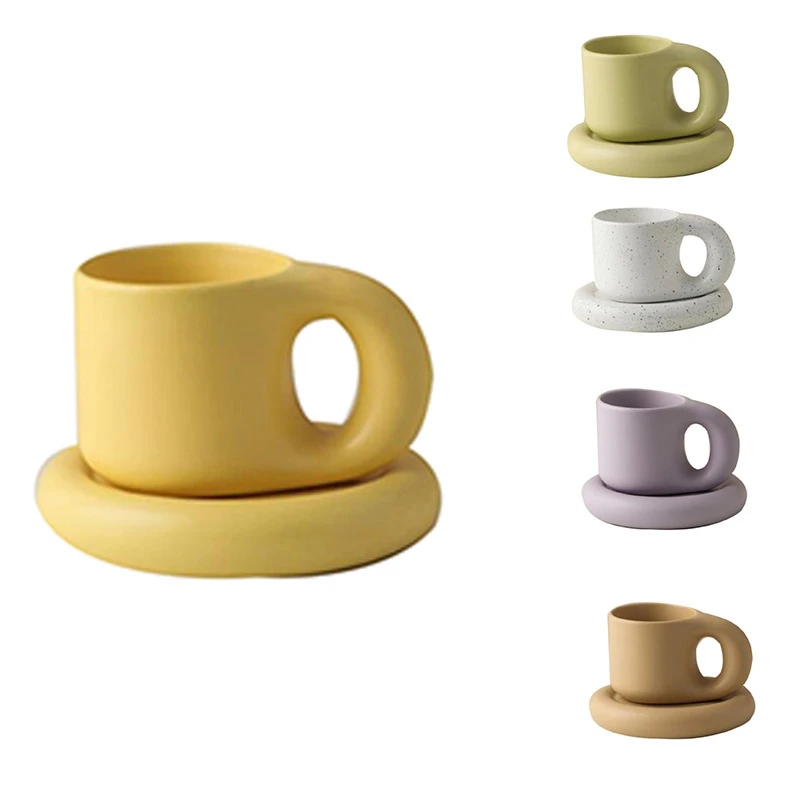 

HOT 300Ml Creative Handmade Handle Mug And Oval Plate Ceramic Cup Saucer For Coffee Tea Milk Cake Nordic Home Decor