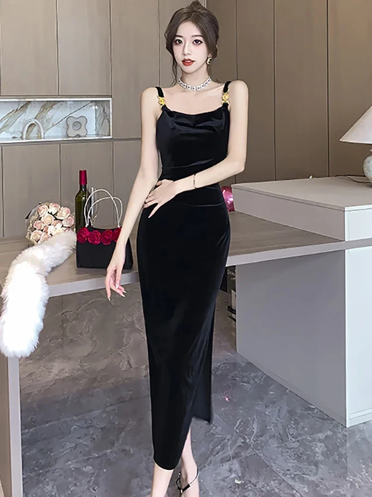 

Black Velvet Backless Sexy Sling Slit Long Dress for Women Autumn Winter Elegant Dance Party Dress 2023 Korean Vintage Vestidos