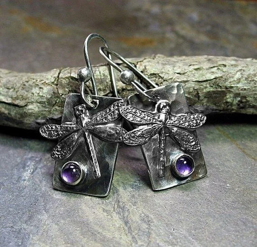 

Exquisite Women's Silver Color Dragonfly Earrings Purple Stone Earrings Jewelry Anniversary Gift Birthday Party Earrings
