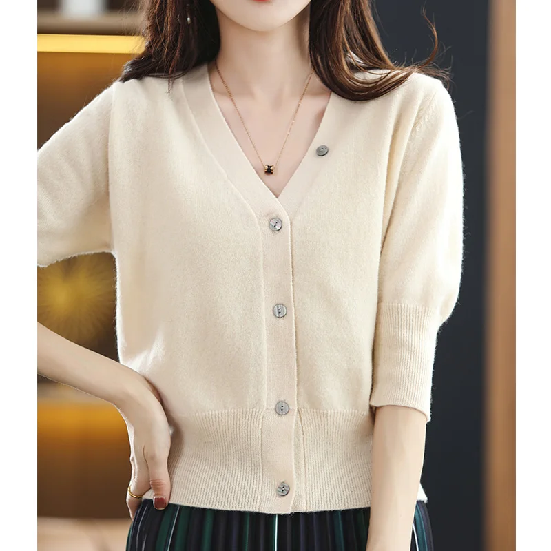 

100% Pure Wool Half Sleeve V-Neck Loose Cardigan Women's Autumn And Winter 2022 New Button Fashion Short Cashmere Sweater S-XXL