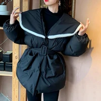 women thick and warm korean version of the navy collar waist mid length cotton clothes elegant loose coat women winter jacket