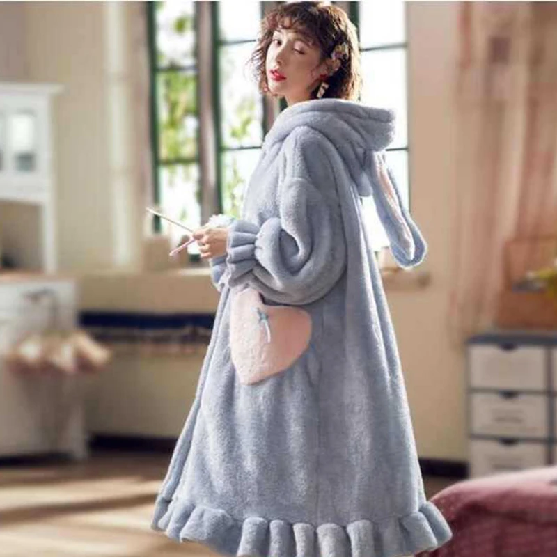 Adults Winter Coral Velvet Hooded Cartoon Robe Womens Flannel Dressing Gown Tiger Rabbit Animal Pajamas Ladies Warm Nightgowns