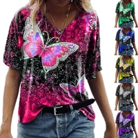 spring and summer new womens fashion short sleeved butterfly print top womens casual office commuting all match t shirt lady