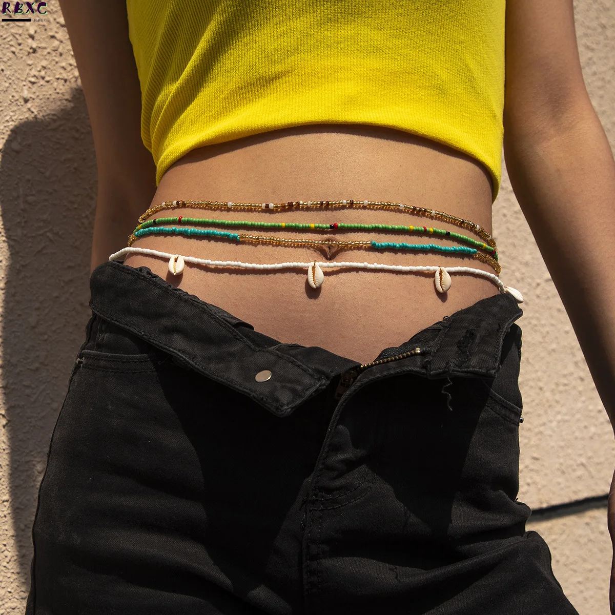 

RBxc Bohemian sexy multi-layer color Beaded Waist Chain simple shell elastic Beaded suit body chain