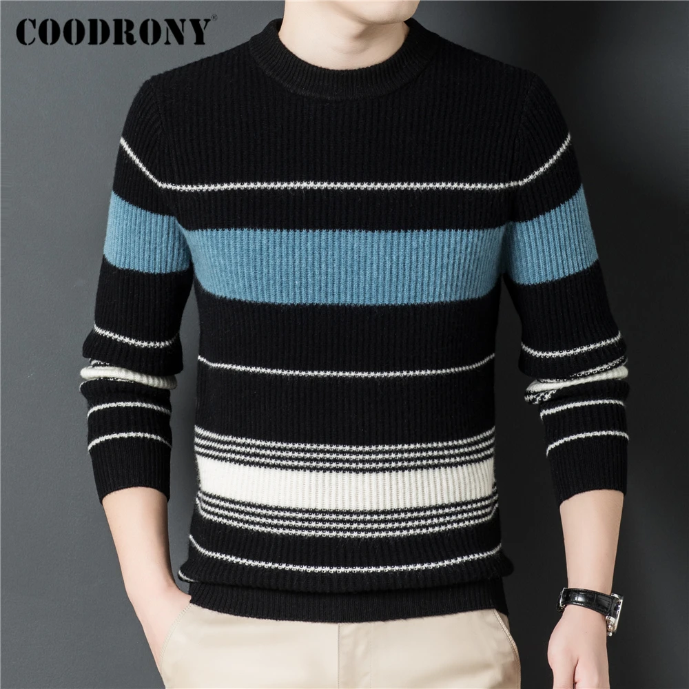 COODRONY Brand 100% Merino Wool Thick Warm Sweater Men Clothing Autumn Winter New Arrival O-Neck Big Striped Pullover Men Z3026