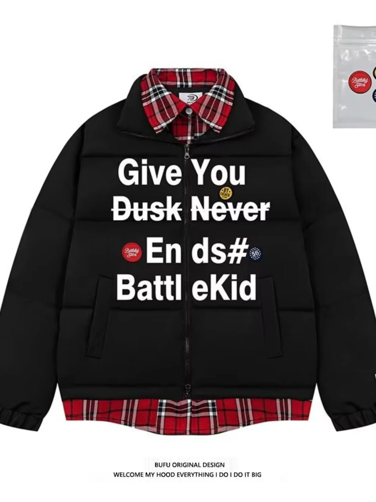 Fake Two-Piece Letter Print Stand Collar Cotton-padded jacket Outerwear Men's and Women's Winter National Fashion Thickened C...