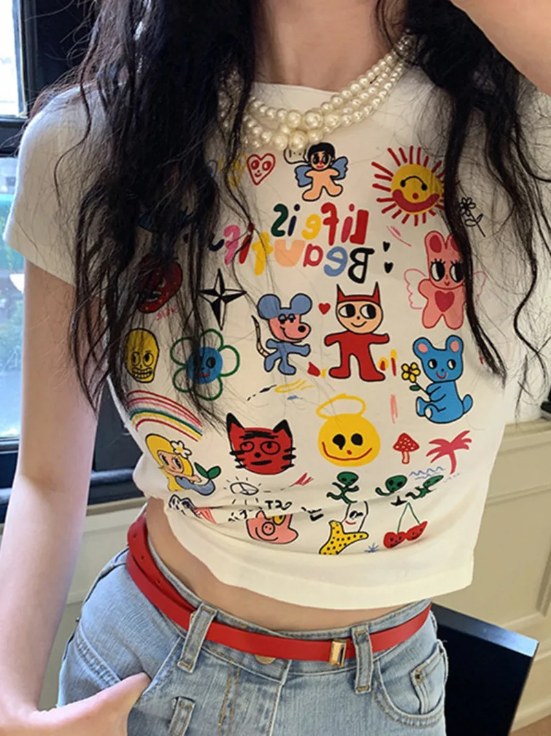 

Korea Dongmen New 2023 Early Spring Cute Fun Cartoon Pattern Printing striking Slim Fit T-shirt for Women KTZY