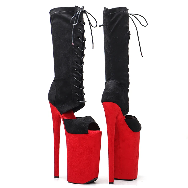 Leecabe  26CM/10inches black with red suede upper  sexy exotic High Heel platform party open toe  shoes Pole Dance boot
