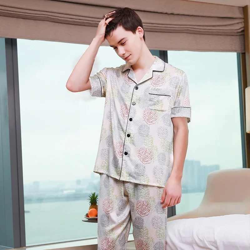 Flame Of Dream Pajamas Men's Ice Silk Simulation Silk Spring And Summer Thin Large Youth  Leisure Suit Home Clothes 22711