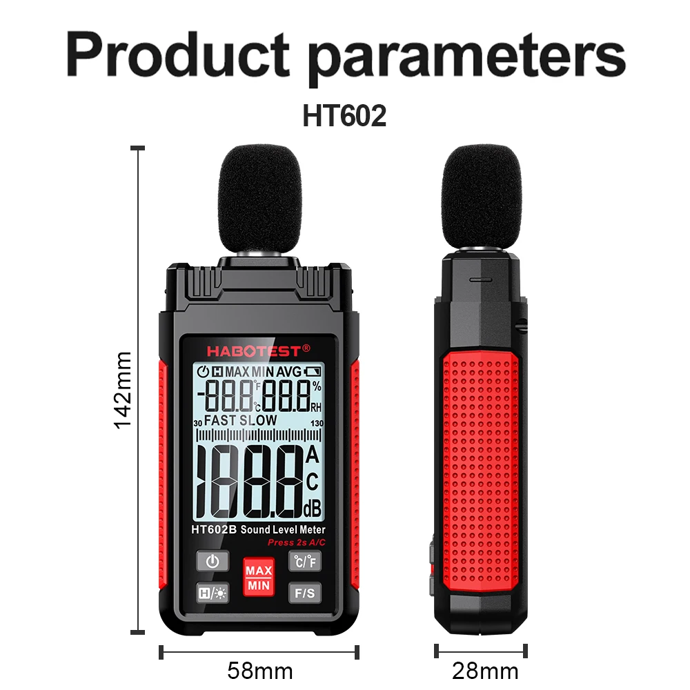 

Измеритель уровня звука HABOTEST HT602 дБ измеритель звука децибел цифровой Ручной 30-130 дБ Мини-детектор шума монитор уровня шума