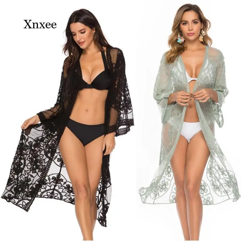 

Flare Sleeve See Through Long Cardigan Flower Lace Beach Cover Up Swimwear Kimono Bikini Outer Cover Sexy Holiday Cover-Ups