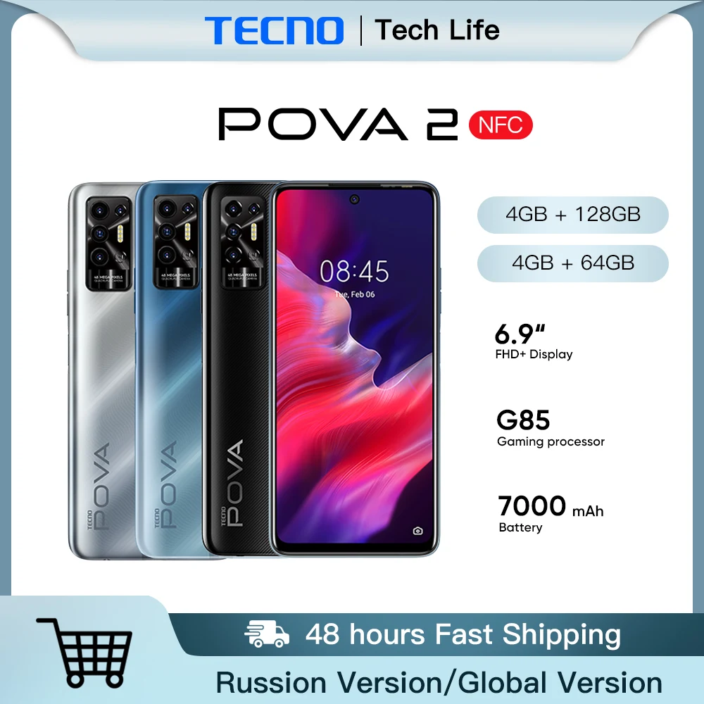 Смартфон Tecno Pova 2 4 + 64 ГБ/4 Гб 128 ГБ Helio G85 батарея для телефонов 7000 мАч флэш-зарядка 18