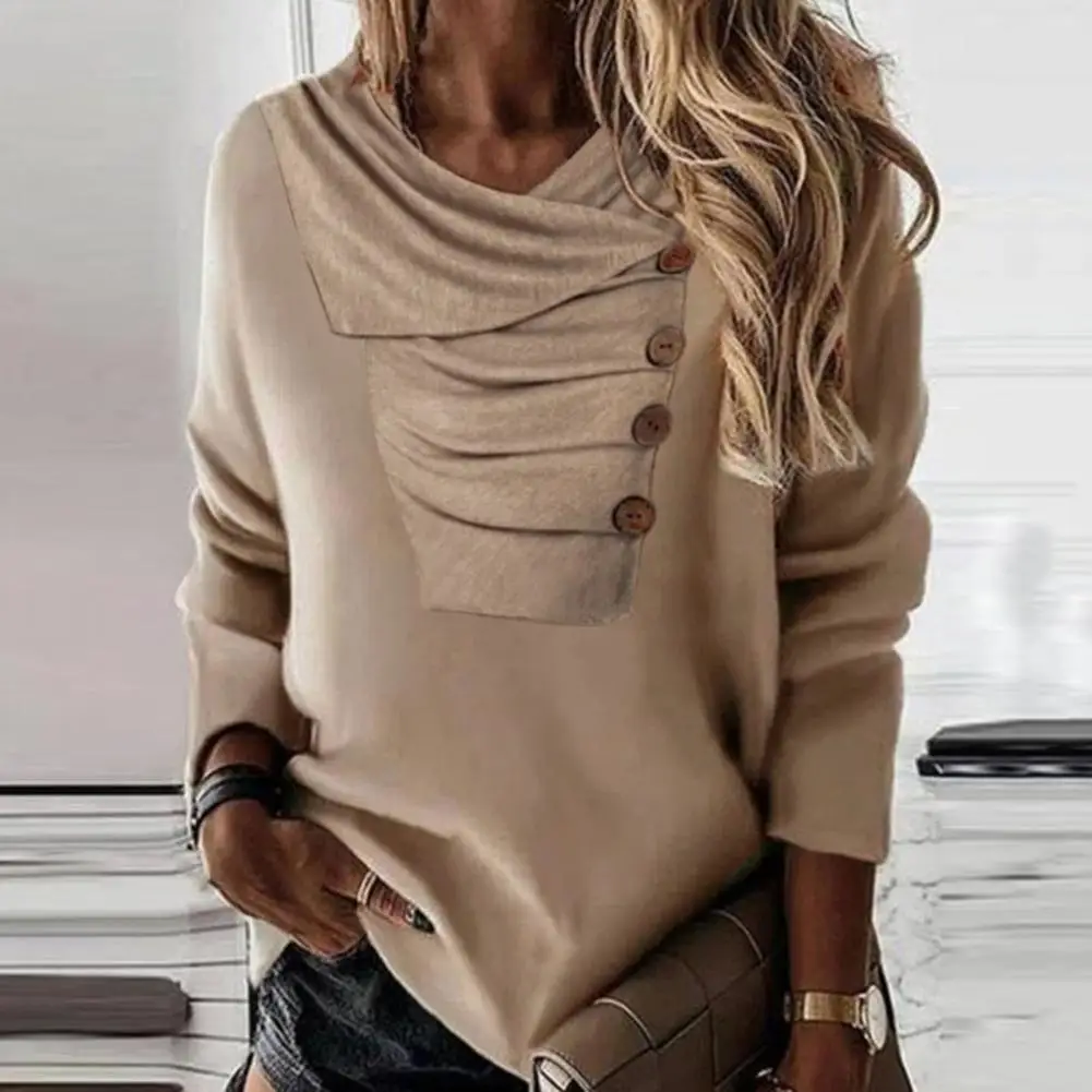 

Women Sweatshirt Pile Collar Buttons Decor Autumn Winter Solid Color Long Sleeve Sweatshirt Jumper Daily Clothing Streetwear