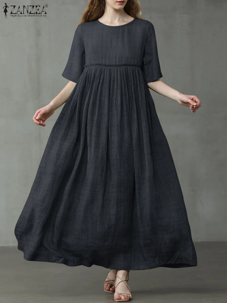 

2022 ZANZEA Solid Ruffles Women's Dress Summer Half Sleeve O-Neck Ankle Length Long Robe Female Elegant Casual Holiday Sundress