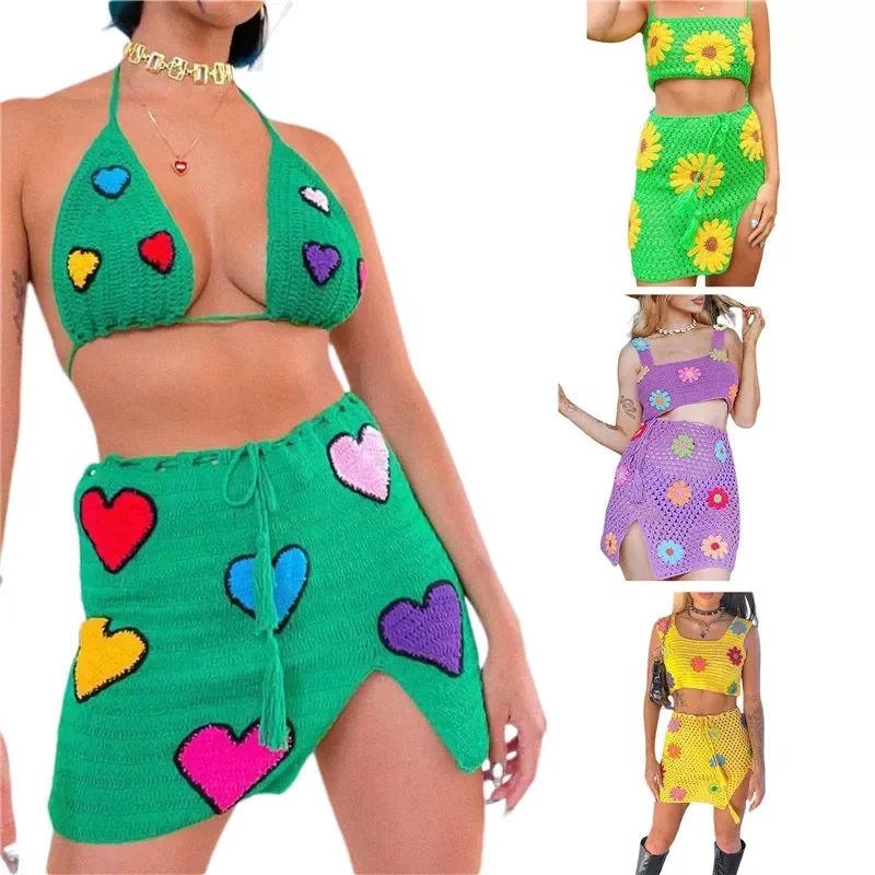 

2Pcs Women Sexy Two-piece Knitting Clothes Set Summer Skirt Suit Set Floral/ Heart Pattern Sleeveless Crop Tops +Knitted Skirt