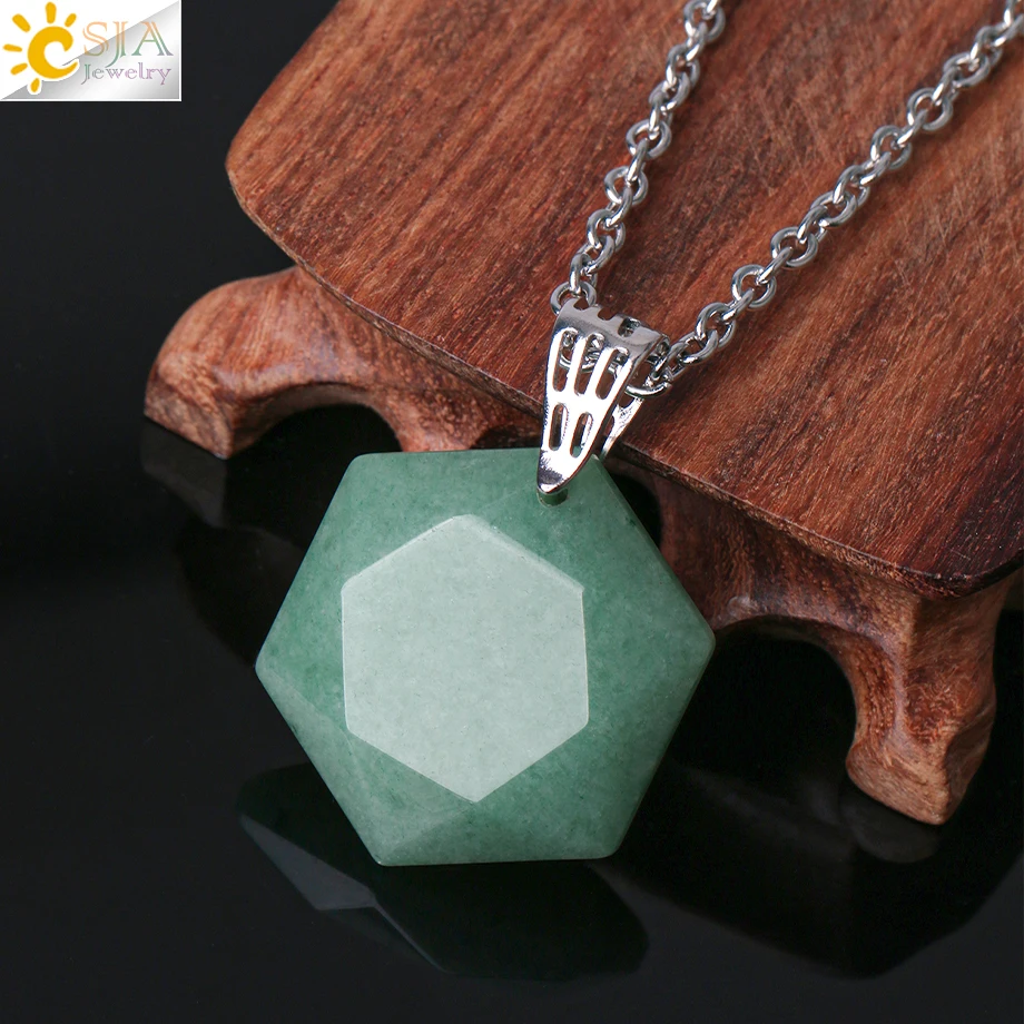 

CSJA Healing Hexagram Crystals Necklaces Stone Green Aventurine Natural Quartz Hexagonal Crystal Necklace Pendant for Men E643