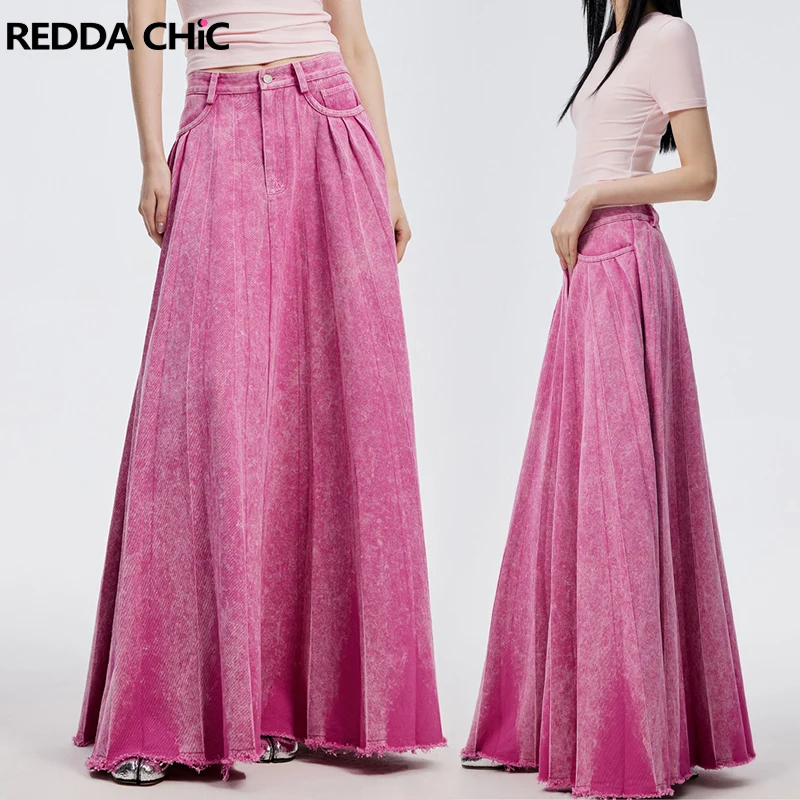 

REDDACHiC Women Pink Denim Maxi Long Pleated Skirt Y2k Aesthetic High Rise Tall Girl Floor Jeans Skirt Korean Dongdaemun Bottoms