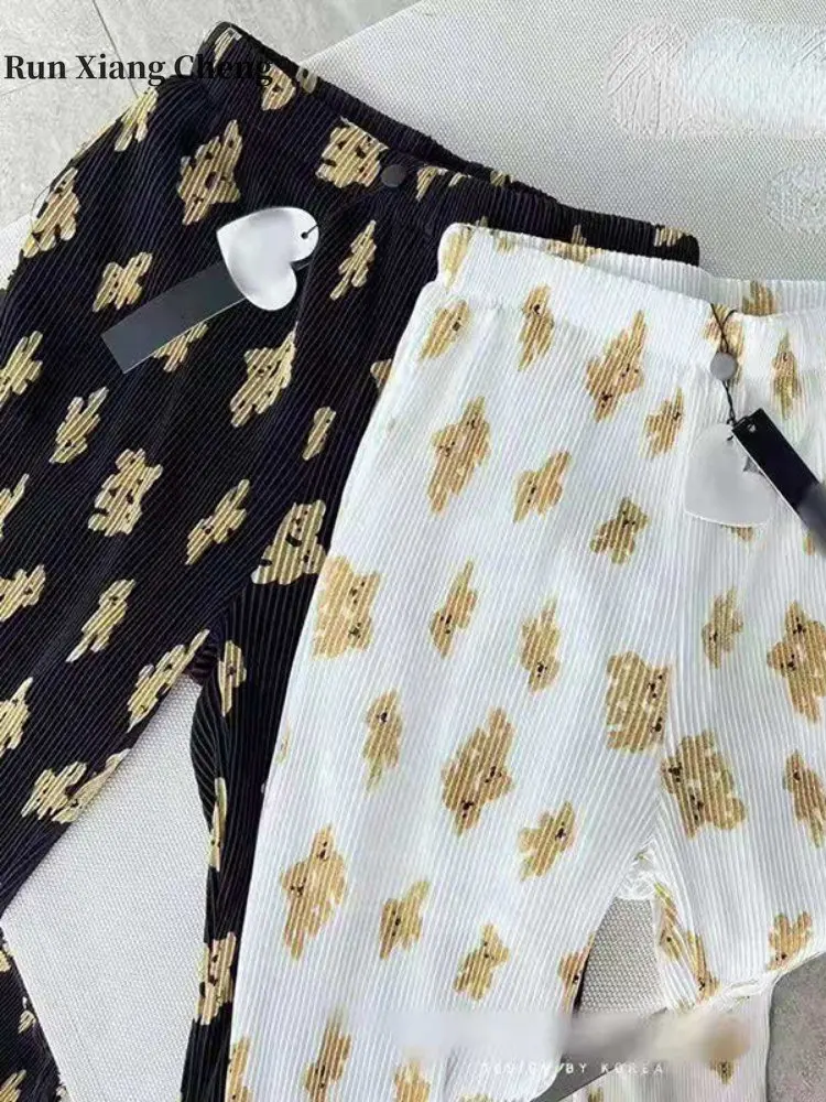 

Женские широкие брюки с принтом, новые модные спортивные брюки в Корейском стиле, Элегантные Свободные повседневные плиссированные широкие брюки с высокой талией, лето 2023