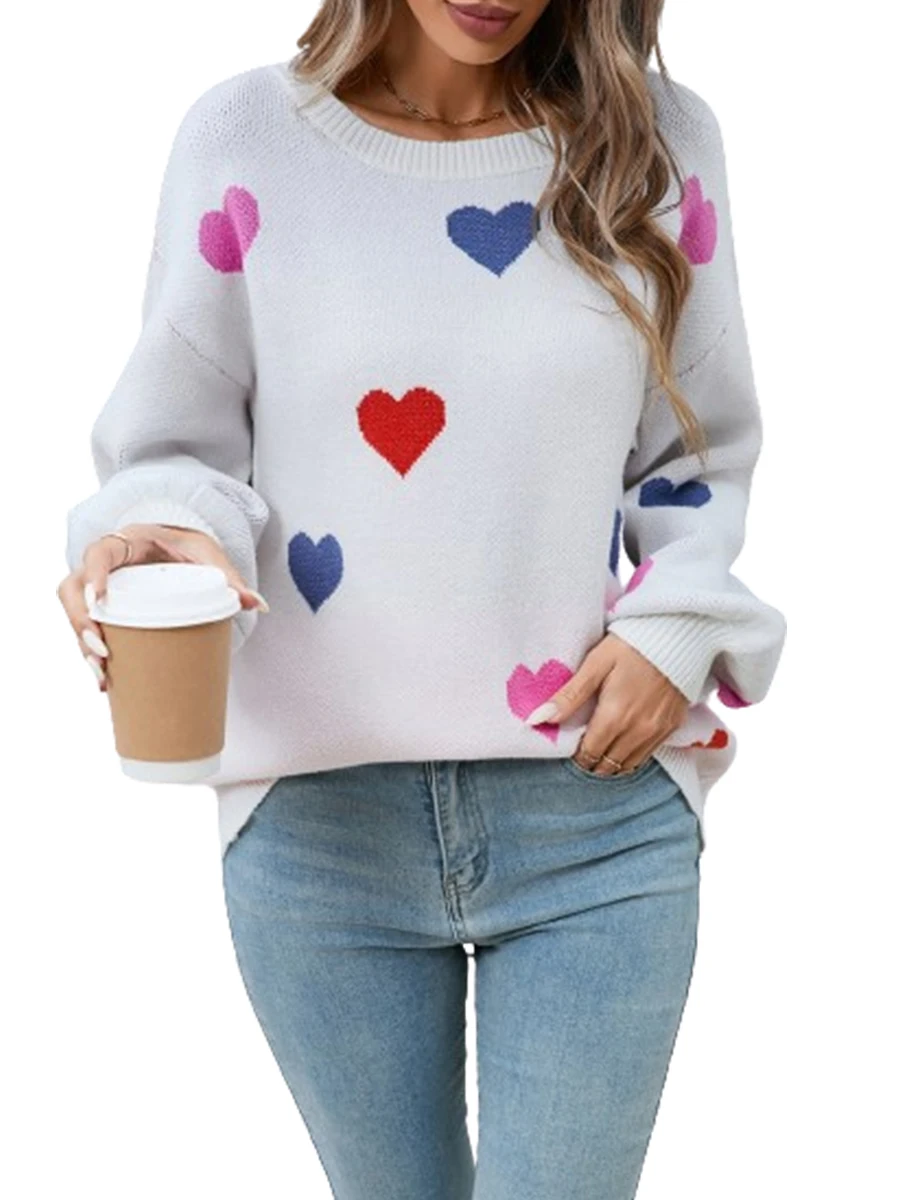 Женский свитер с принтом сердца Свободный пуловер длинным рукавом и круглым