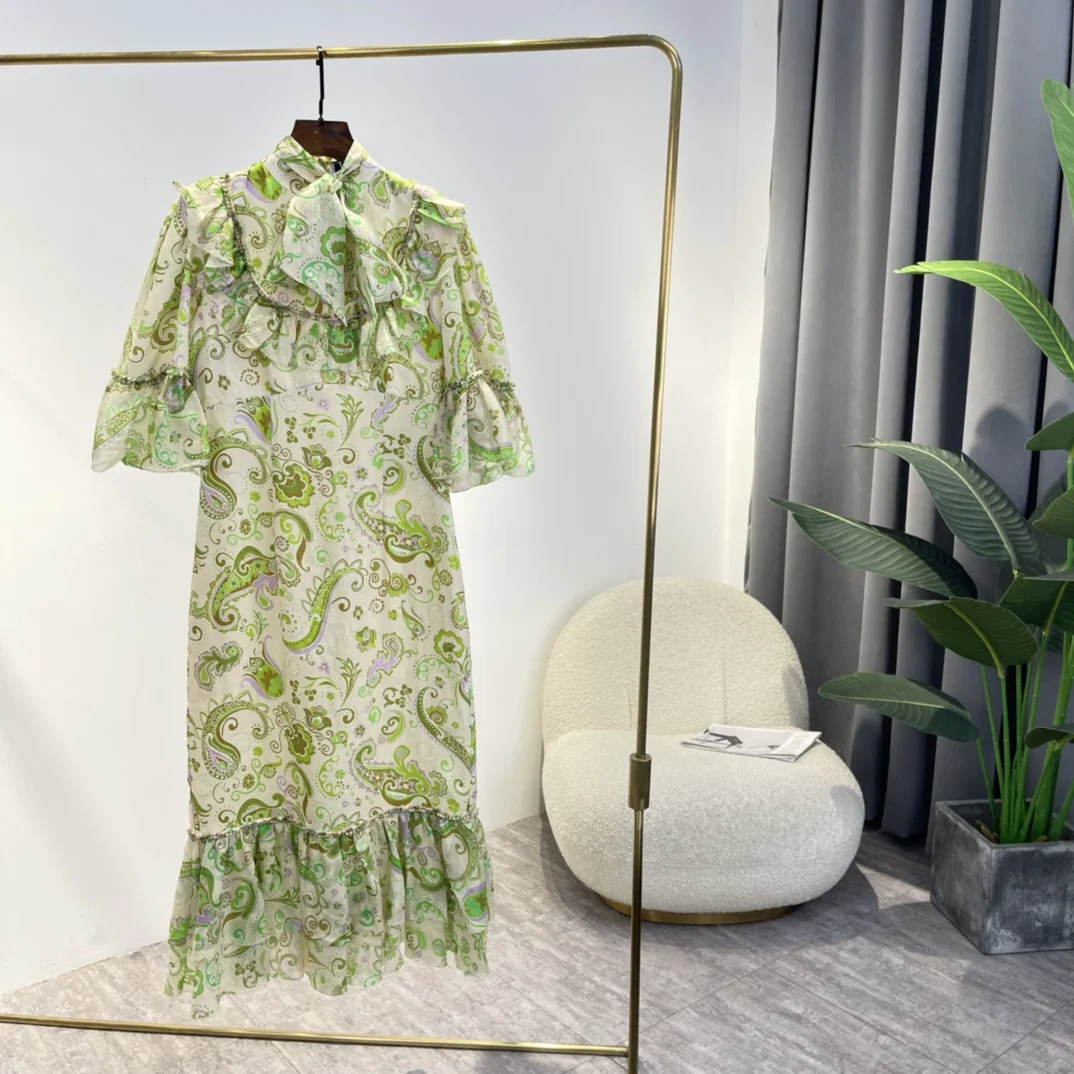 

2022 Latest Summer Ladies Vintage Self Tie Half Flare Sleeve Design Flounce Frill Edge Green Pink Paisley Print Midi Dresses