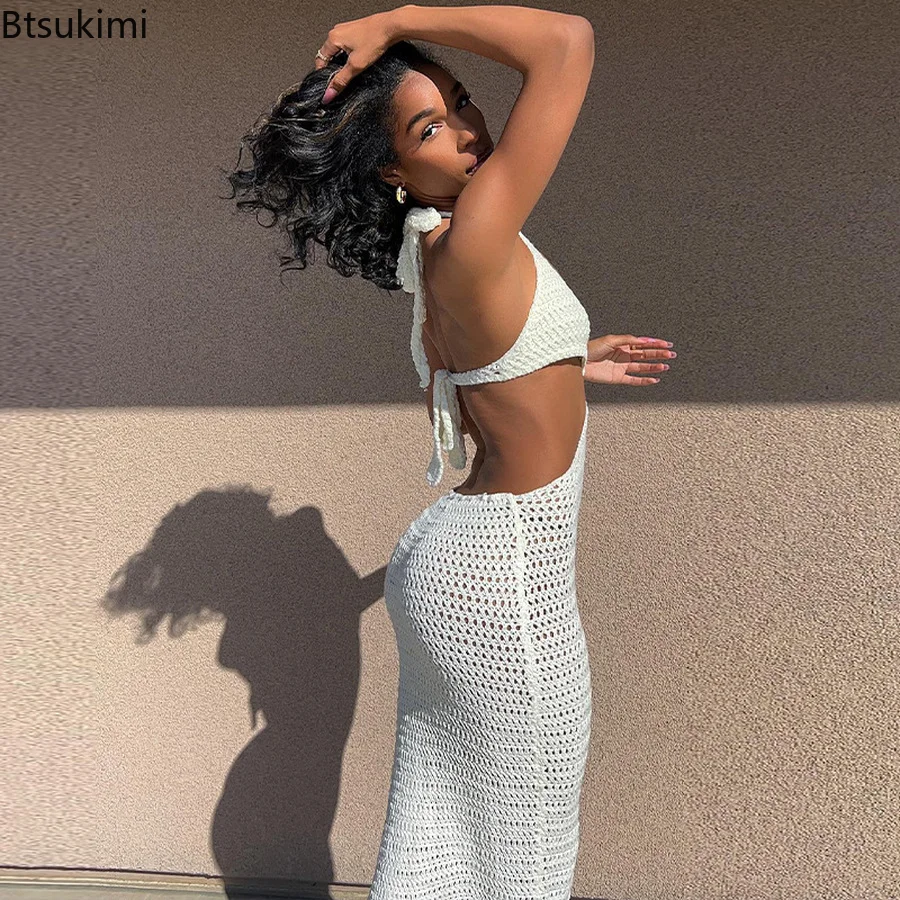 

2022 Summer Women Knitting Midi Dresses Sexy Backless Bodycon Party Elegant Halter Patchwork Hollow Out Woman Beach Dress Female