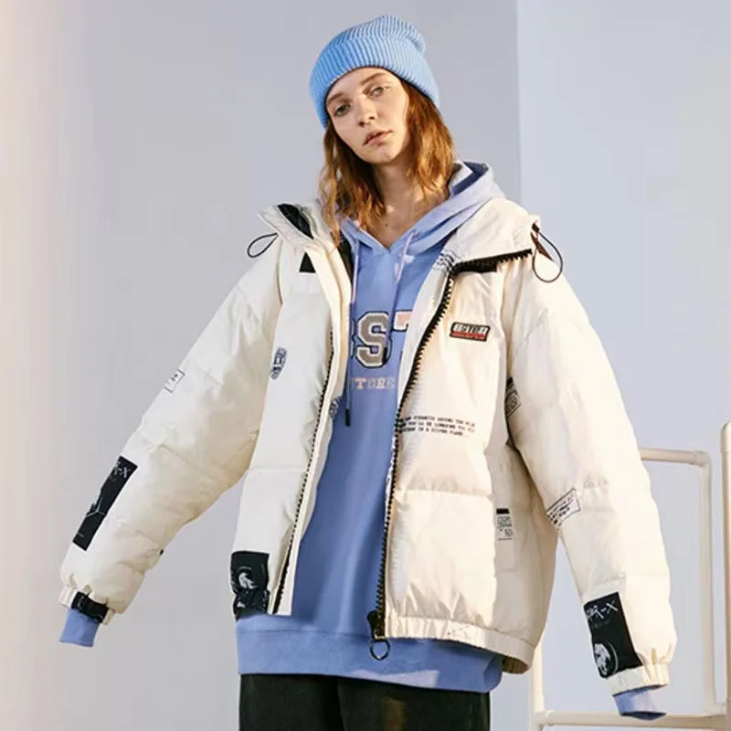 Winter Couples White Duck Down Jacket Little Devil Smile Print Letter Hip Hop Men's and Women's Thick Loose Down Jacket Clothes