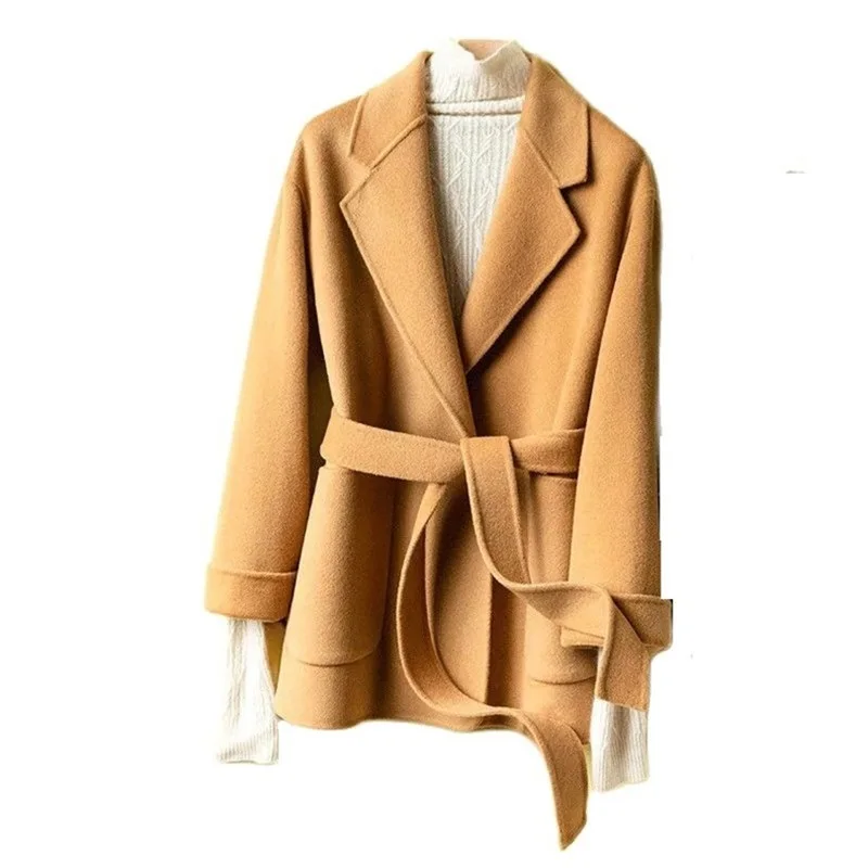 

Double-sided Woolen Coat Women's Autumn Winter New Solid Color Short Jacket Lapel Lace-up Pocket Top Slim Female Clothing M381