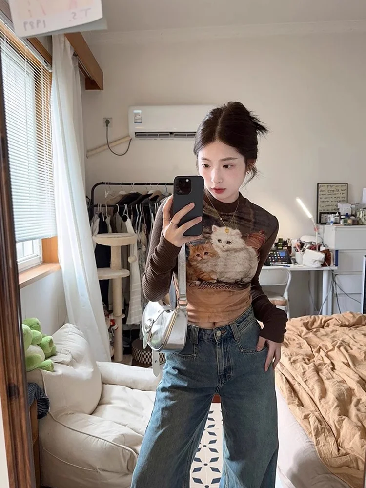 Американская Ретро футболка с длинным рукавом принтом кота Женская Осенняя