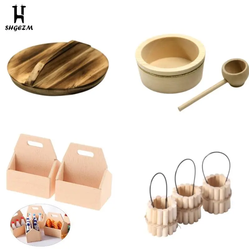 

Кукольный дом, кухонный горшок, крышка, ванночка, деревянная ложка, мини Детская кухонная деревянная коробка для специй, искусственный чай, ...