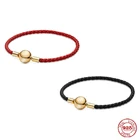 Женский классический браслет из серебра S925 пробы, ювелирное изделие с Круглым Черным и красным кольцом из кожи, на шнурке с круглой головкой, сделай сам