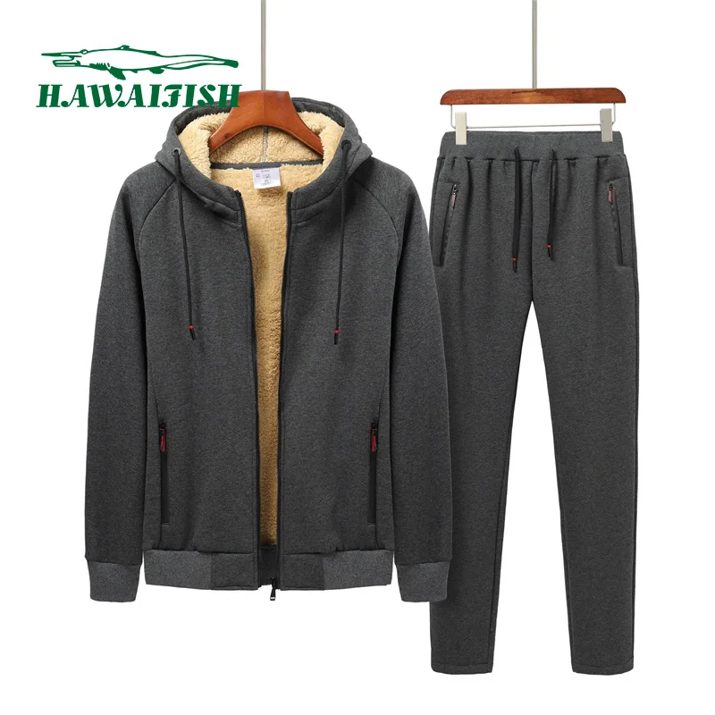 HAWAIFISH 8XL Winter Cashmere Suit Men's Tracksuit Solid color suit 2022 Thicken Fleece Two Pieces Set Mens Casual Jacket Pants