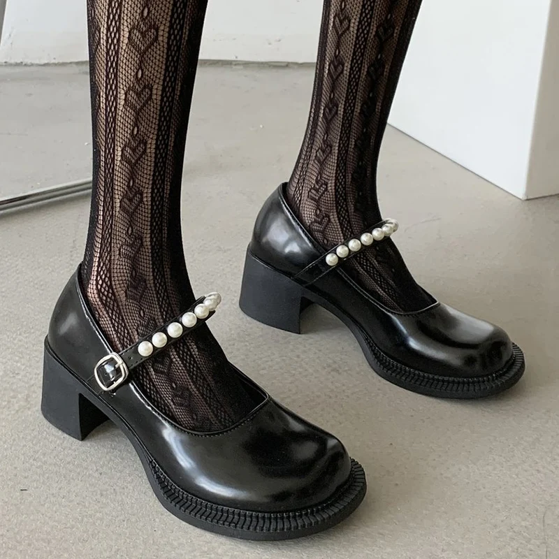 

Rimocy Sweet Pearl Ankle Strap Mary Janes Women Big Round Toe Square Heel Pumps Woman Black Gothic Buckle Lolita Shoes Female