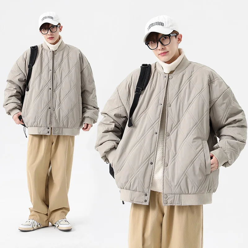 Autumn and winter diamond plaid warm cotton Jacket Men's fashion casual baseball collar cotton Jacket Trendy cotton clothes