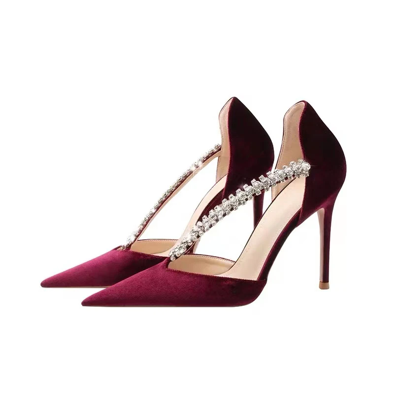 UVRCOS-zapatos de tacón alto con adornos de cristal para mujer, calzado de vestir, puntiagudos, con diamantes de imitación, color rojo vino, para boda, color negro