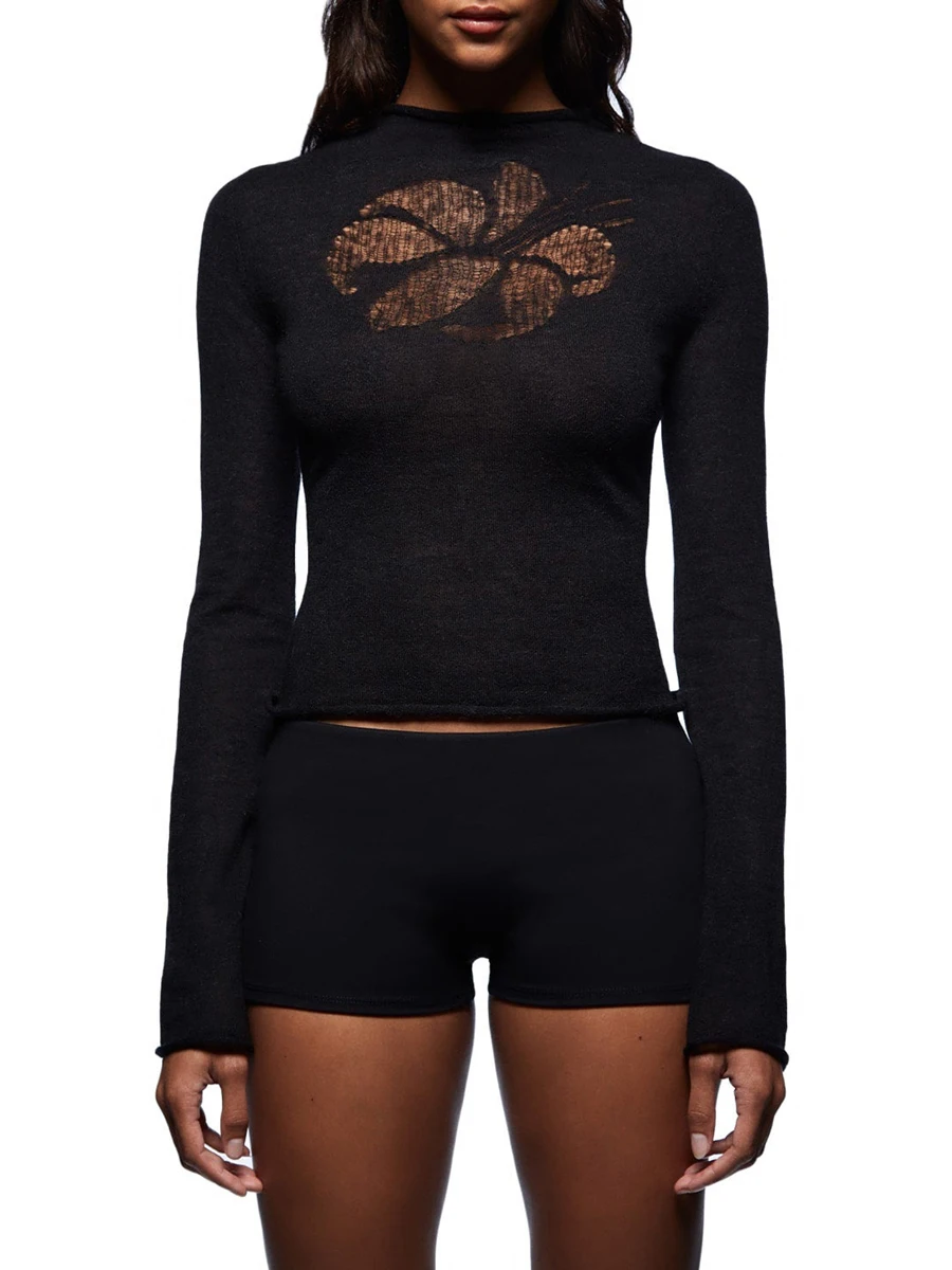 Women Knit Sweater Long Sleeve Crew Neck Flower Printed Pullover Warm for Fall Winter