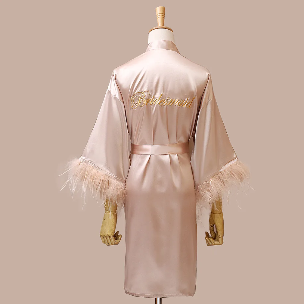 Wedding Party Gift Bridesmaid Robe Gift Women Feather Silk Robe Sleepwear Pink Color Long Pajamas Robe For Bridesmaid