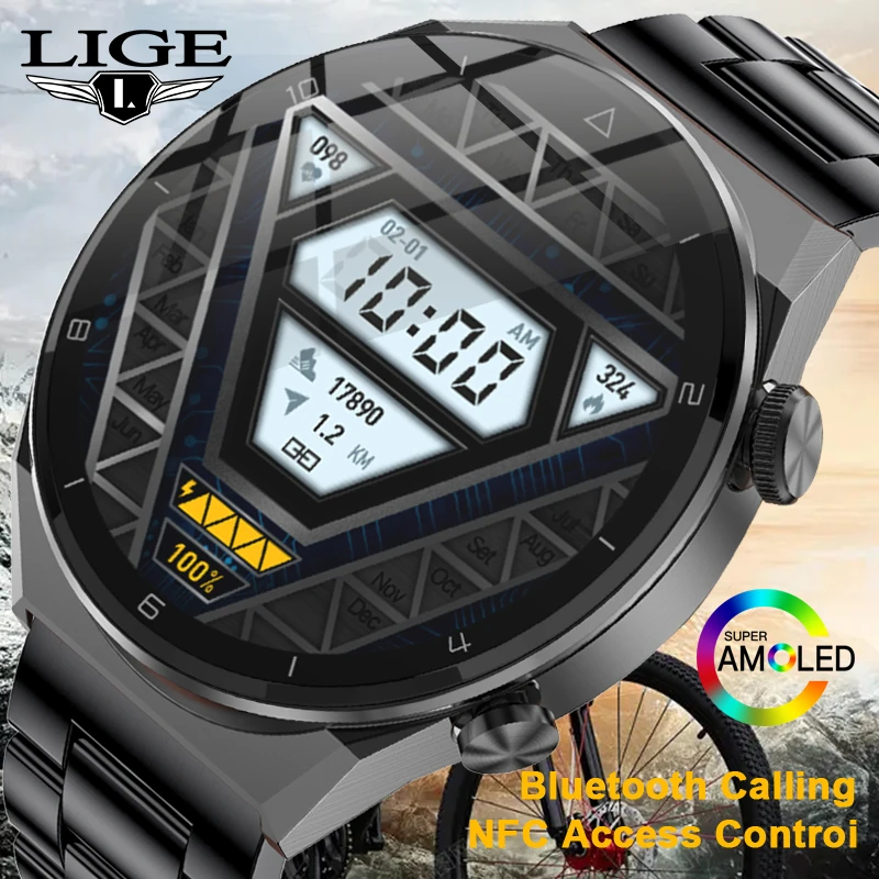 

LIGE New NFC AMOLED 454*454 Screen Smart Watch Always Display The Time Bluetooth Call Local Music Smartwatch For Men Android IOS