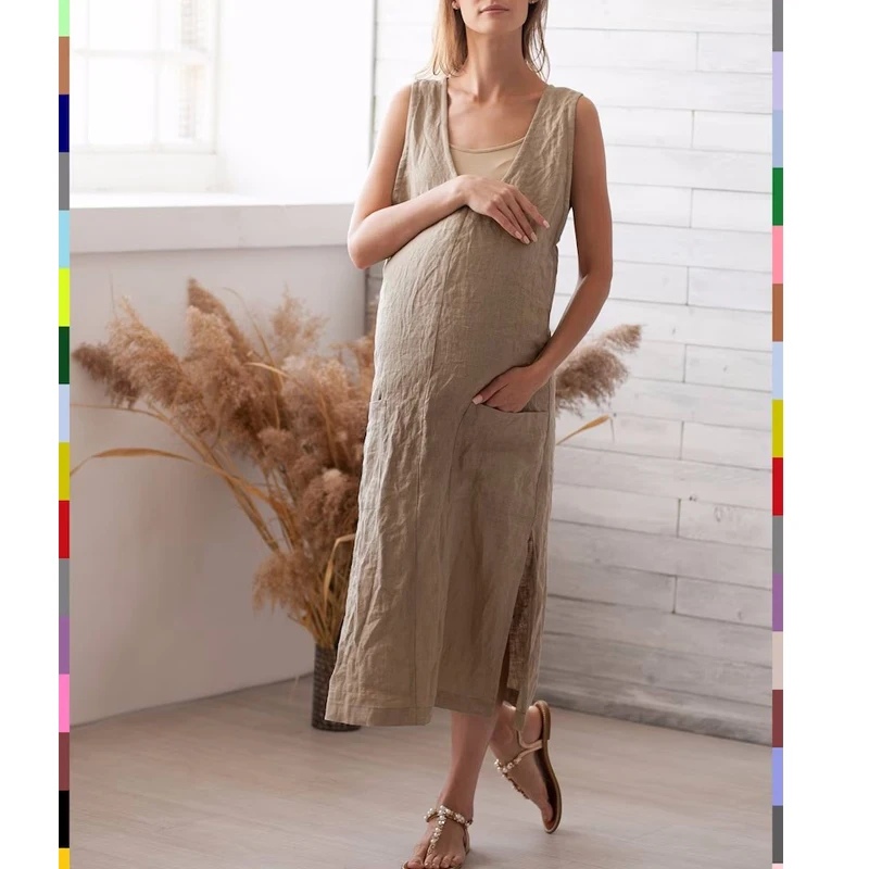 Платье для преггера. Платье для беременных. Льняные платья льняного цвета бежевого цвета. Льняная туника. Свободные льняные юбки. 100% чистый Лен