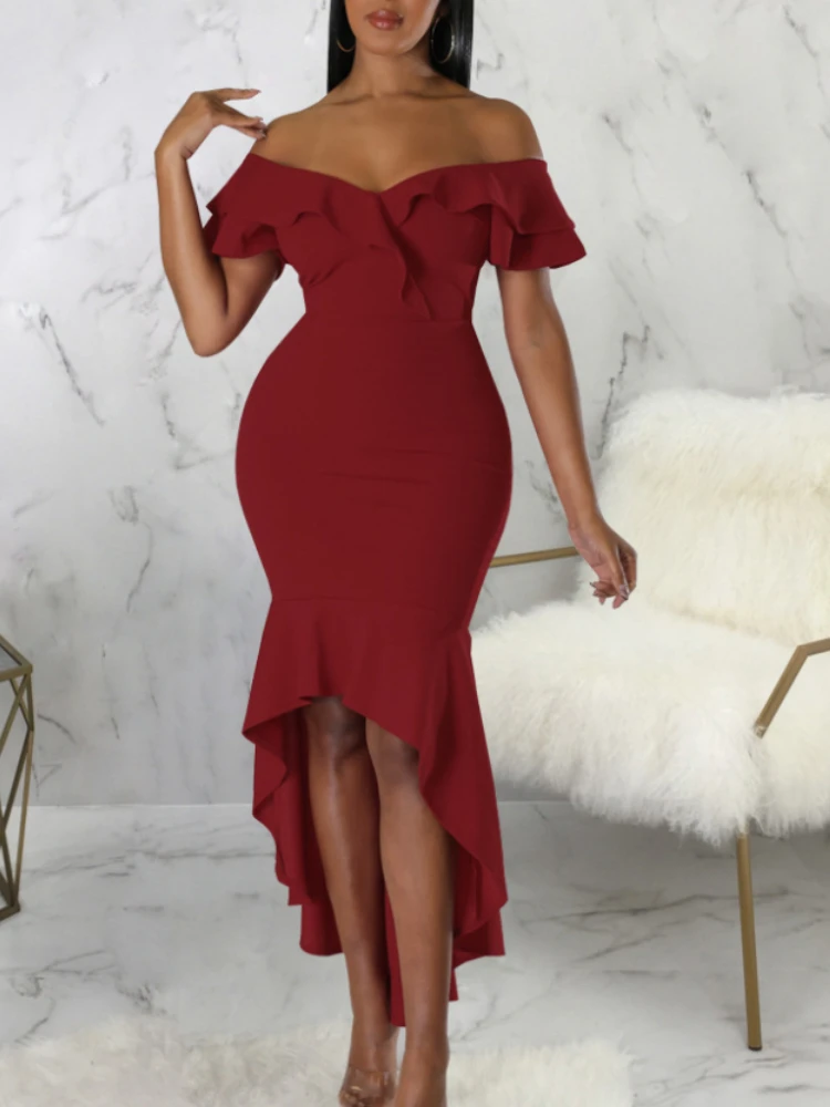 

Elegant Sexy Strapless Dress Female Off Shoulder Irregular Peplum Midi Robe Ruffle Hem Chic Party Wedding Guest Prom Gowns New