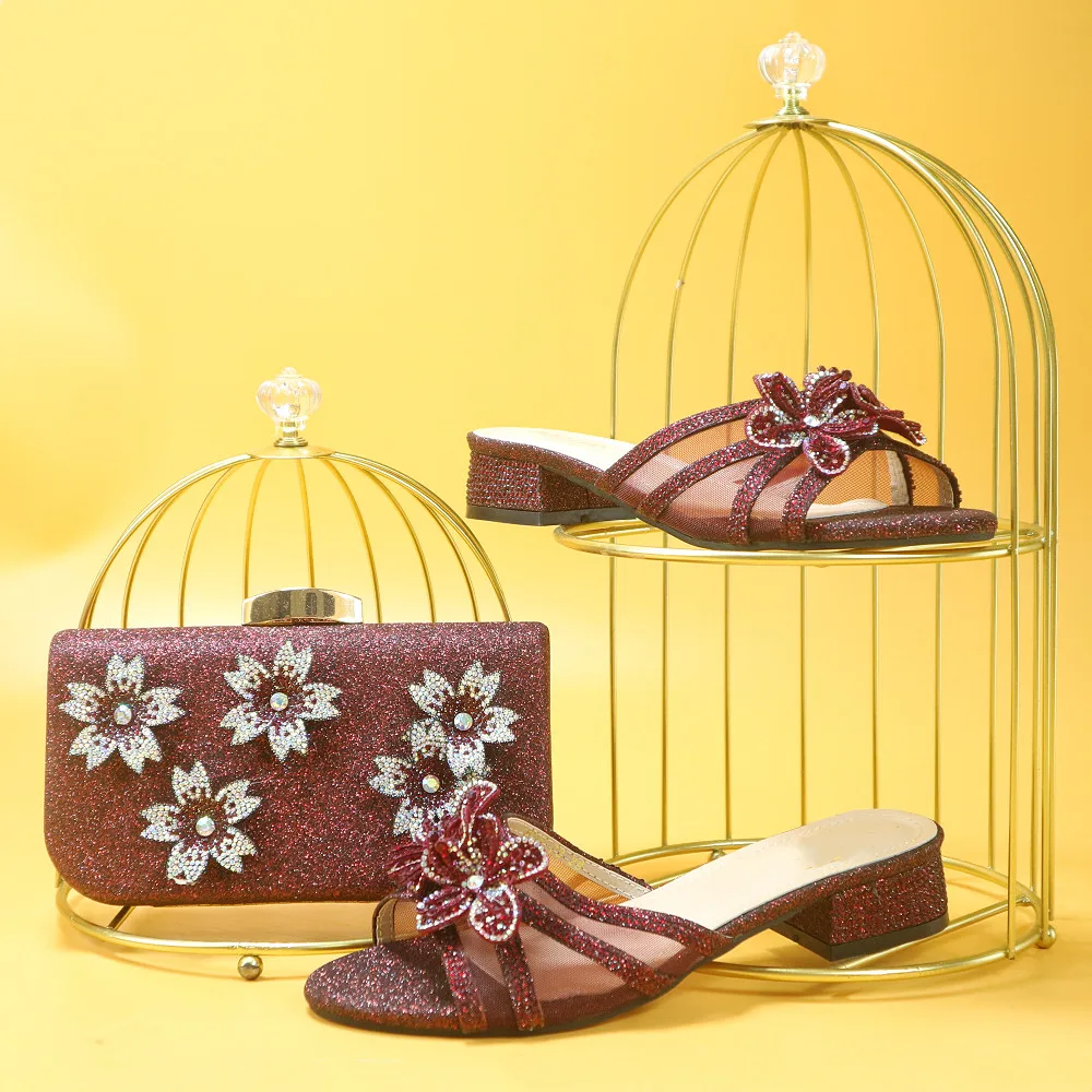 

Italian Design Ladies Shoes and Bag Match Set Wedding Banquet Decorated With Flower Crystal Summer Sandals For Dinner Party