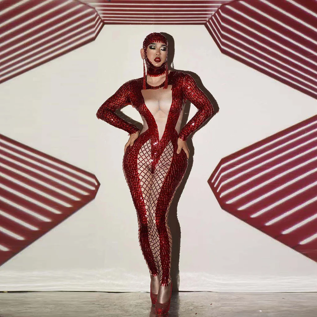 

Сексуальный женский комбинезон с блестками красного цвета, стрейчевый женский комбинезон из спандекса для ночного клуба