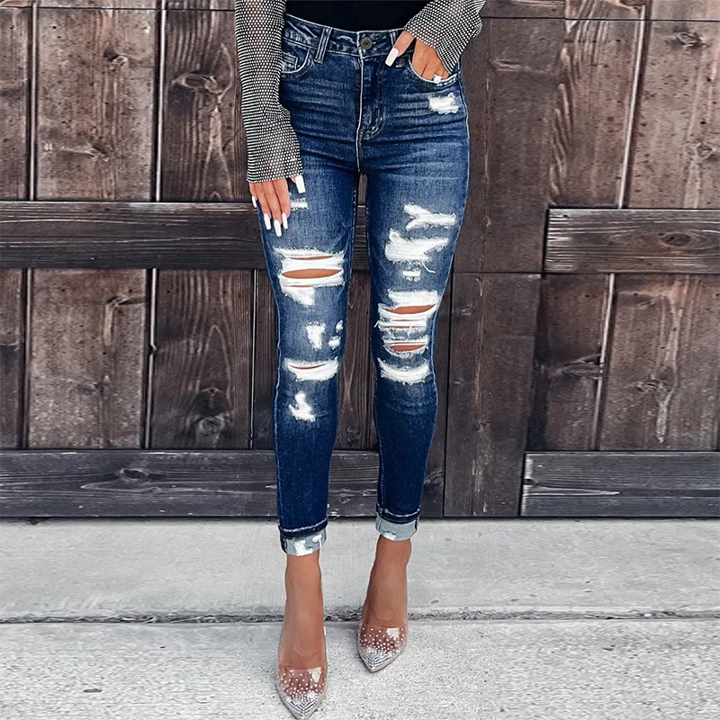 

Boyfriend Jeans Femme 2023 New Fashion Destroyed Jeans Women High Stretch Pencil Denim Pants Dark Blue Streetwear Bottoms S-XL